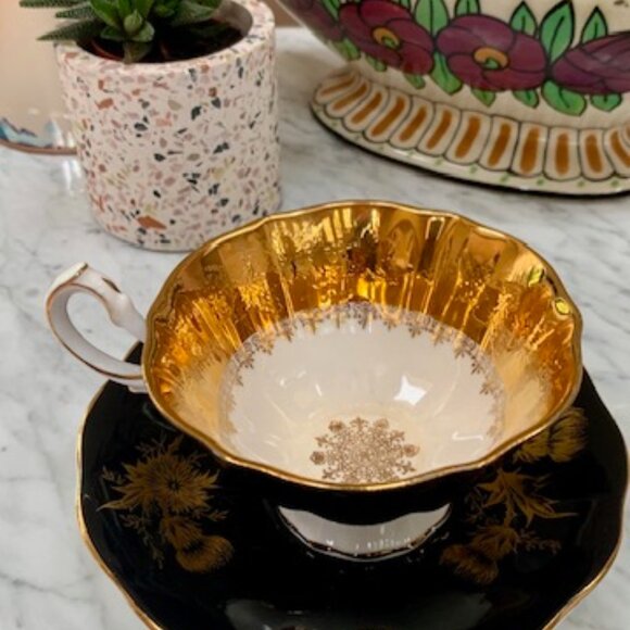 Rare and Stunning Heavy Gold Embossed Black Teacup and Saucer - Picture 2 of 3